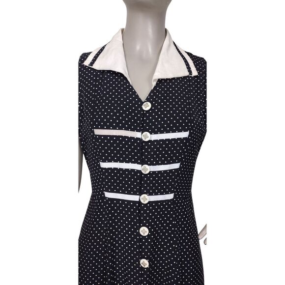 Vintage 80s 90s Black White Swiss Dot Button-Down Tie-Back Midi Dress S/M - Picture 3 of 11